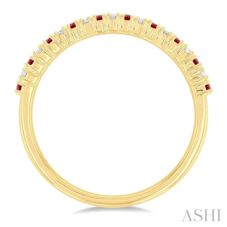 1.35 MM Round Shape Ruby and 1/10 ctw Petite Round Cut Diamond Precious Stack Band in 10K Yellow Gold