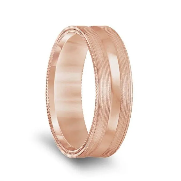 14k Rose Gold Brushed Finish Men’s Concave Wedding Band with Double Milgrain Edges - 6.5mm