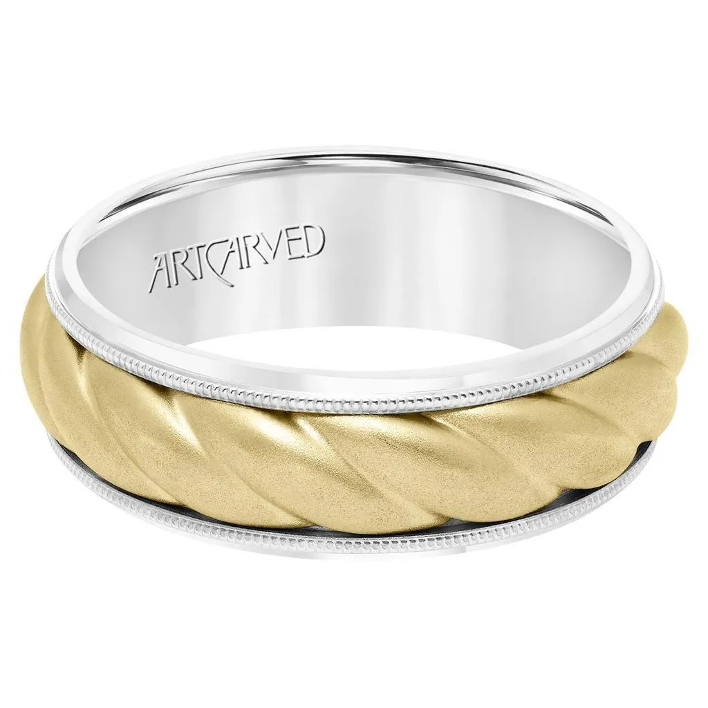 14k Two Toned White Gold with Yellow Gold Center Wedding Band Domed Rope Inlay Design Soft Sand Finish Milgrain Edges- 7 mm