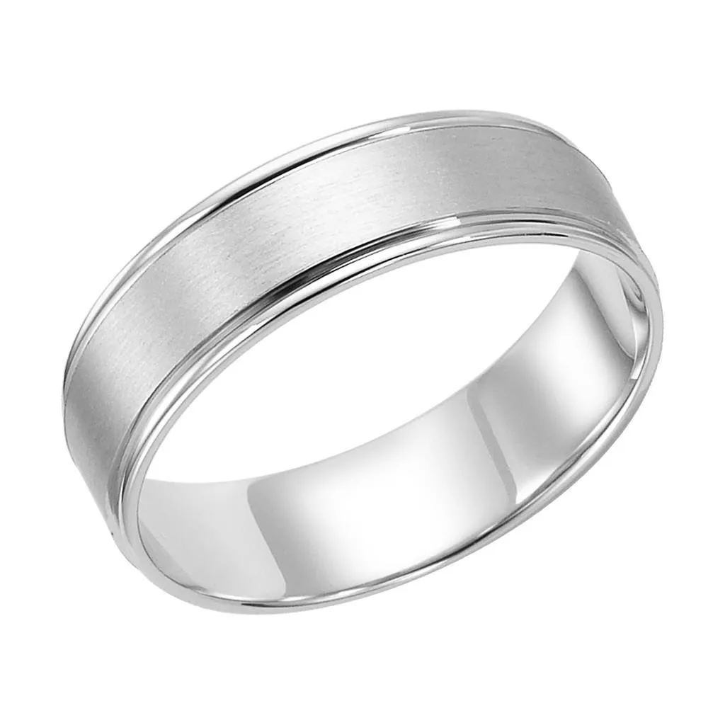 14k White Gold Brushed Finish Comfort Fit Wedding Band with Polished Round Edges - 6mm