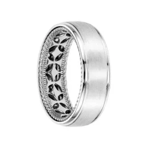 14k White Gold Wedding Band Diamond Pattern Rope Edge Inner Design Domed Brushed Finish Round Edges By Artcarved - 7mm
