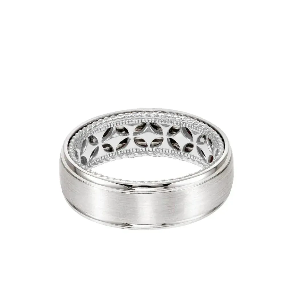 14k White Gold Wedding Band Diamond Pattern Rope Edge Inner Design Domed Brushed Finish Round Edges By Artcarved - 7mm