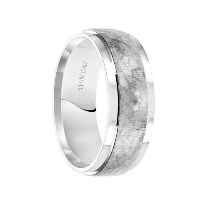 14k White Gold Wedding Band Flat Hammered Brushed Raised Center Finish with Flat Edges- 8 mm