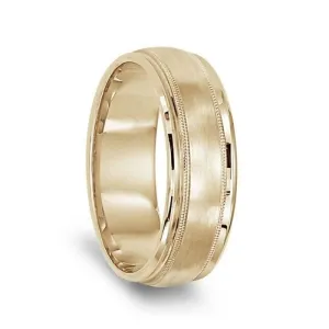 14k Yellow Gold Brushed Center Milgrain Wedding Ring with Polished Edges - 7mm