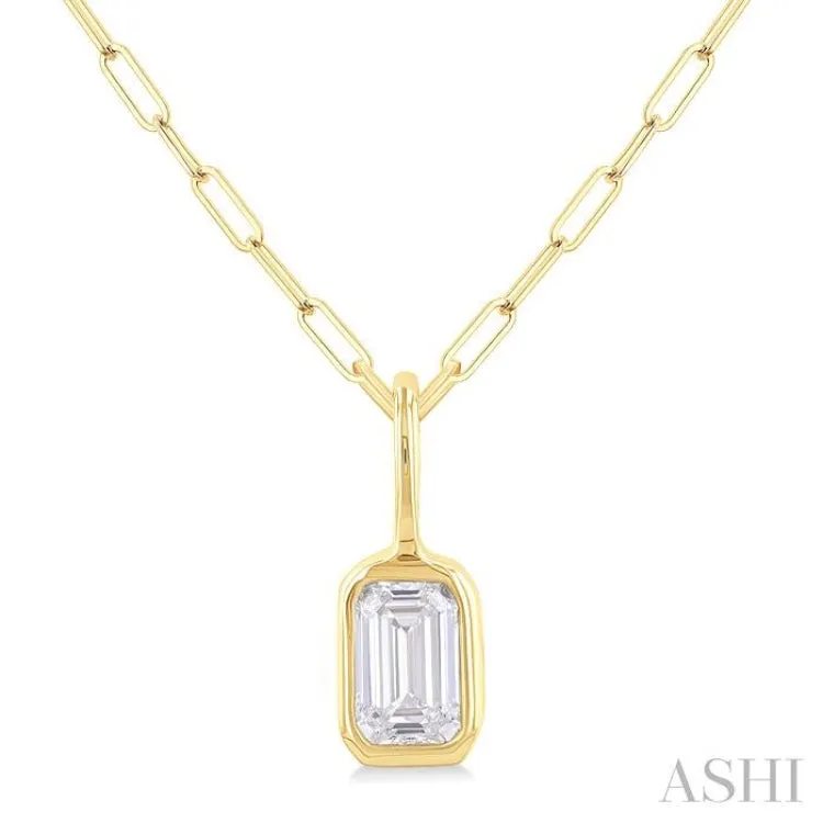 1/5 ctw Emerald Cut Bezel Set Diamond Fashion Pendant With Paperclip Chain in 14K Yellow Gold