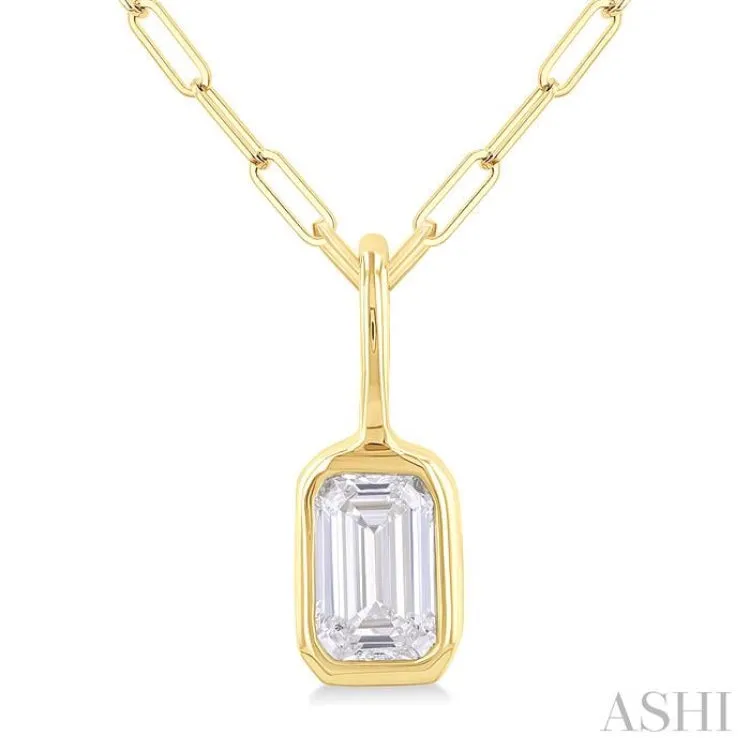 1/5 ctw Emerald Cut Bezel Set Diamond Fashion Pendant With Paperclip Chain in 14K Yellow Gold