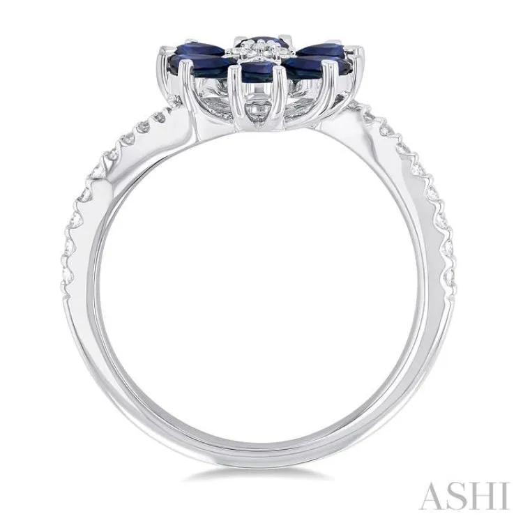 1/5 ctw Floral Blossom 4X3 MM Pear Cut Sapphire and Round Cut Diamond Bypass Precious Ring in 14K White Gold