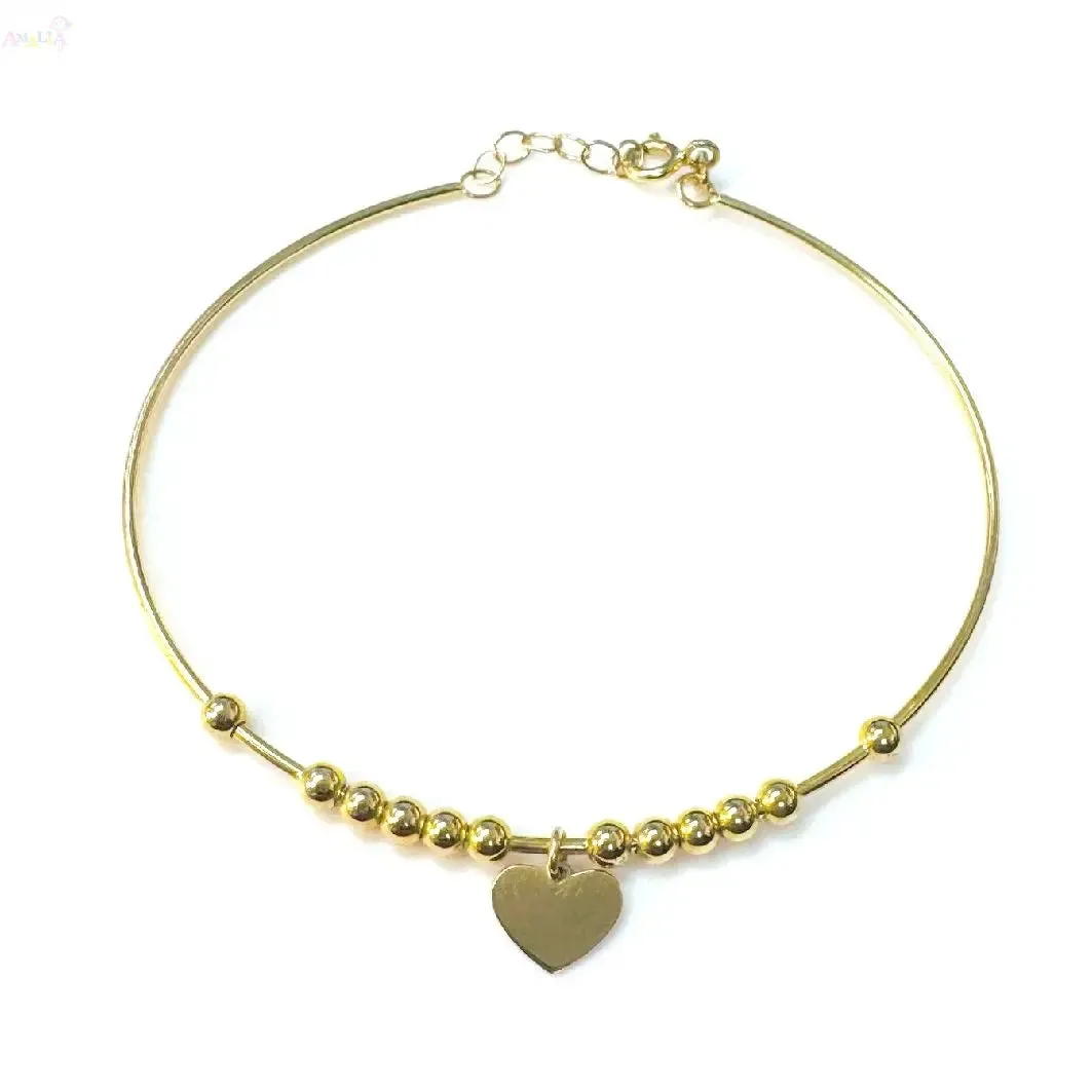 18K Yellow Gold Beads and Heart Center Bangle Bracelet