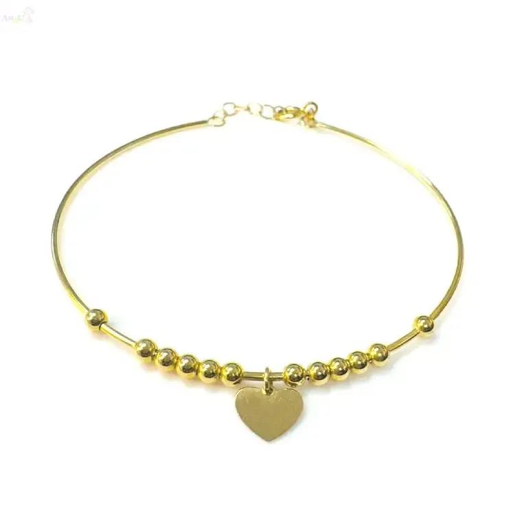 18K Yellow Gold Beads and Heart Center Bangle Bracelet