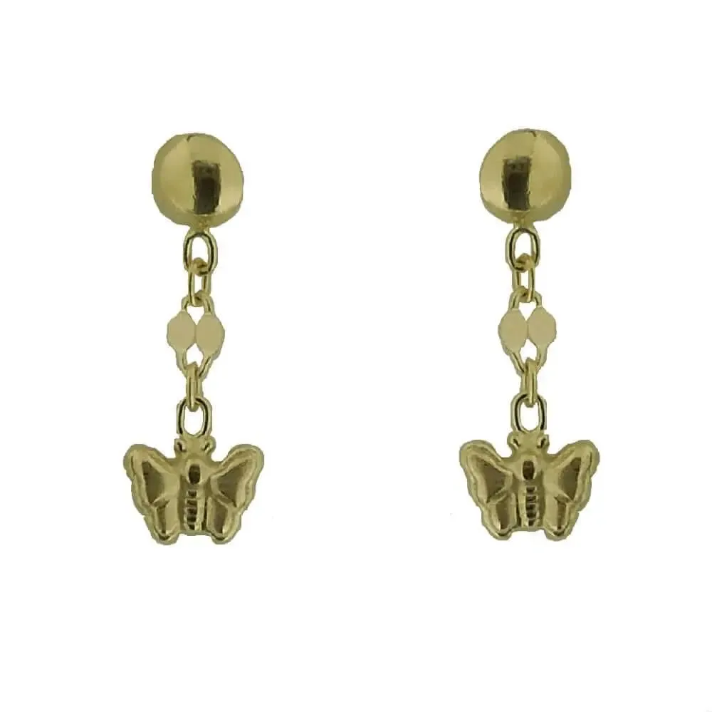 18K Yellow Gold Shiny Mini Butterfly Dangle Post Earrings
