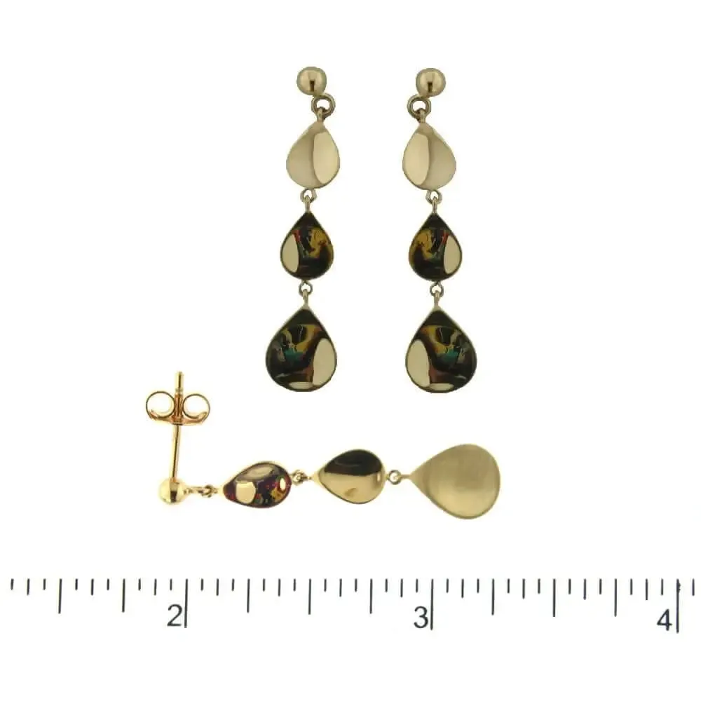 18K Yellow Gold three shiny tear drops post earrings 1.4 inches long aprox.