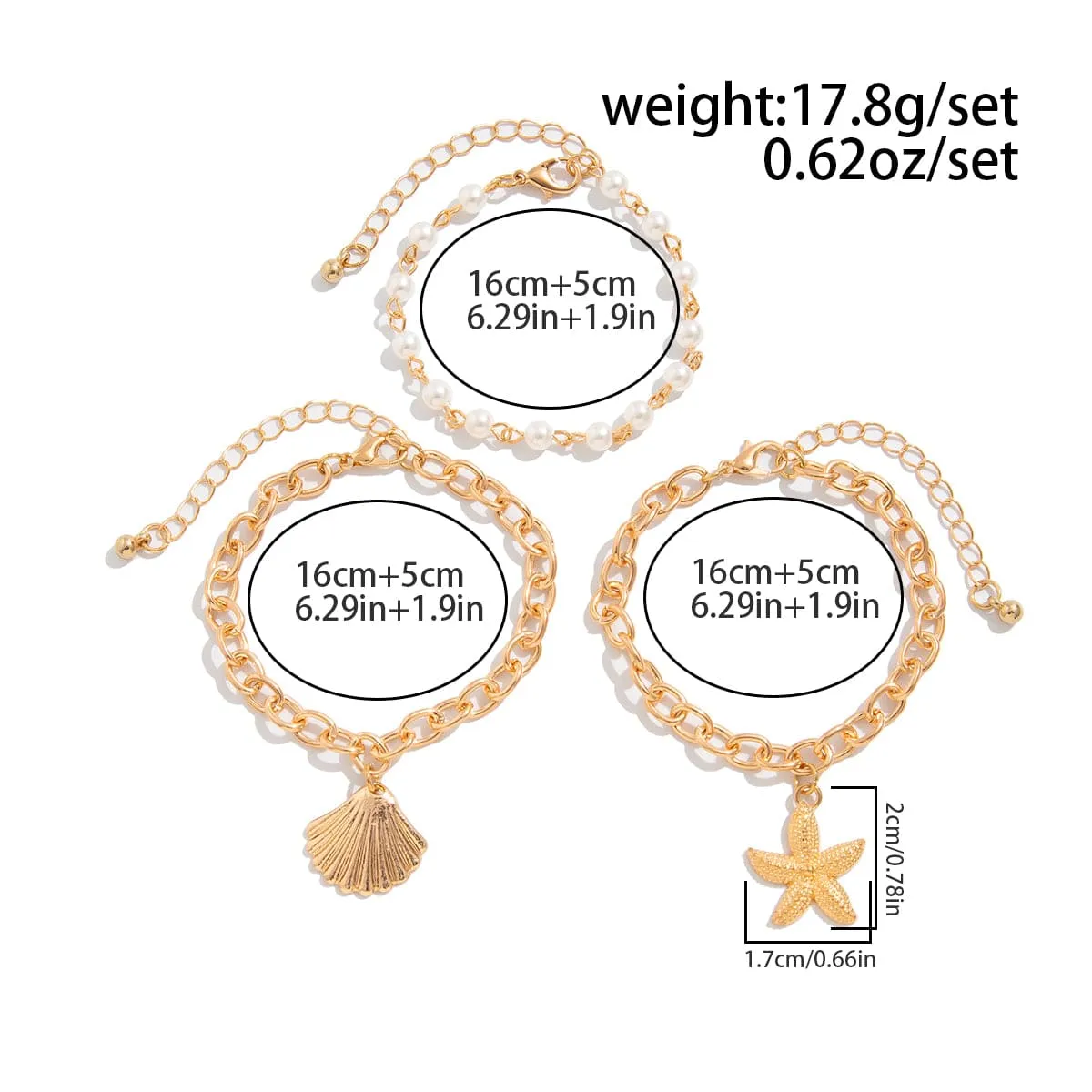 3 Pcs Boho Starfish Shell Charm Pearl Chain Bracelet Set