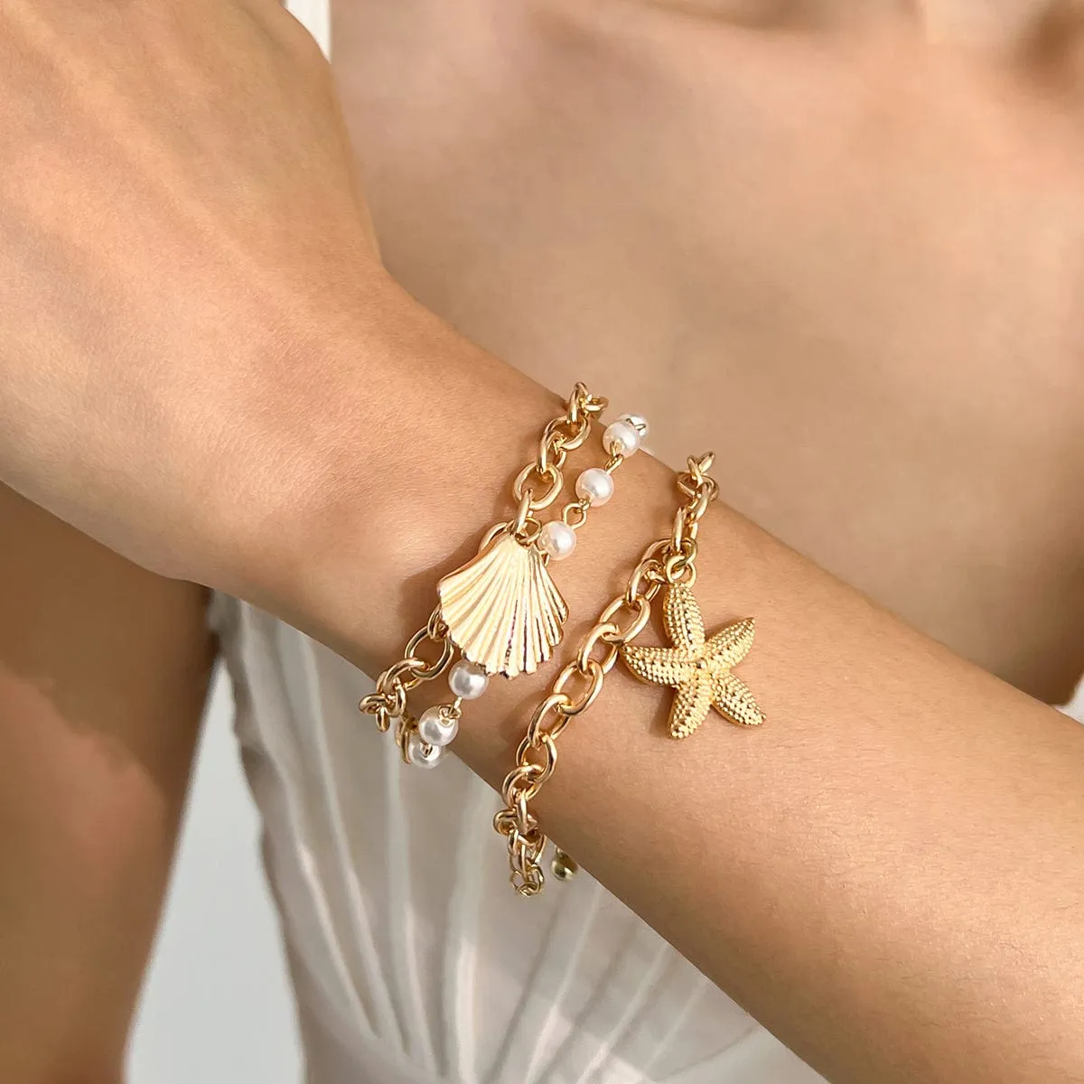 3 Pcs Boho Starfish Shell Charm Pearl Chain Bracelet Set