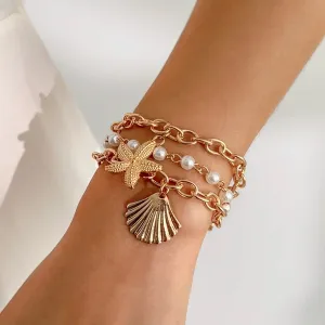 3 Pcs Boho Starfish Shell Charm Pearl Chain Bracelet Set