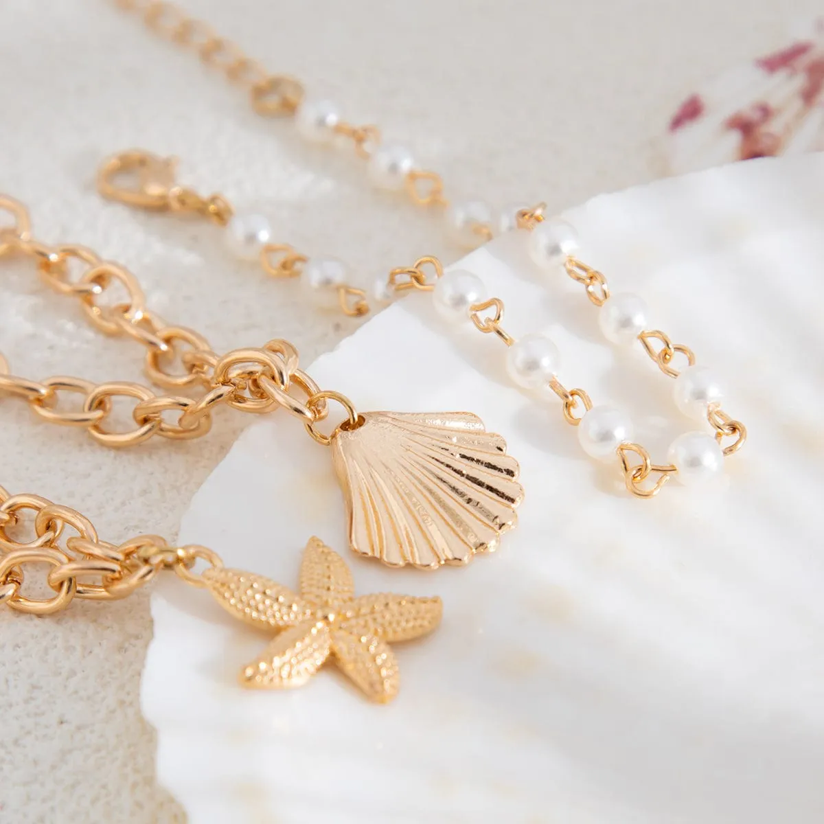 3 Pcs Boho Starfish Shell Charm Pearl Chain Bracelet Set