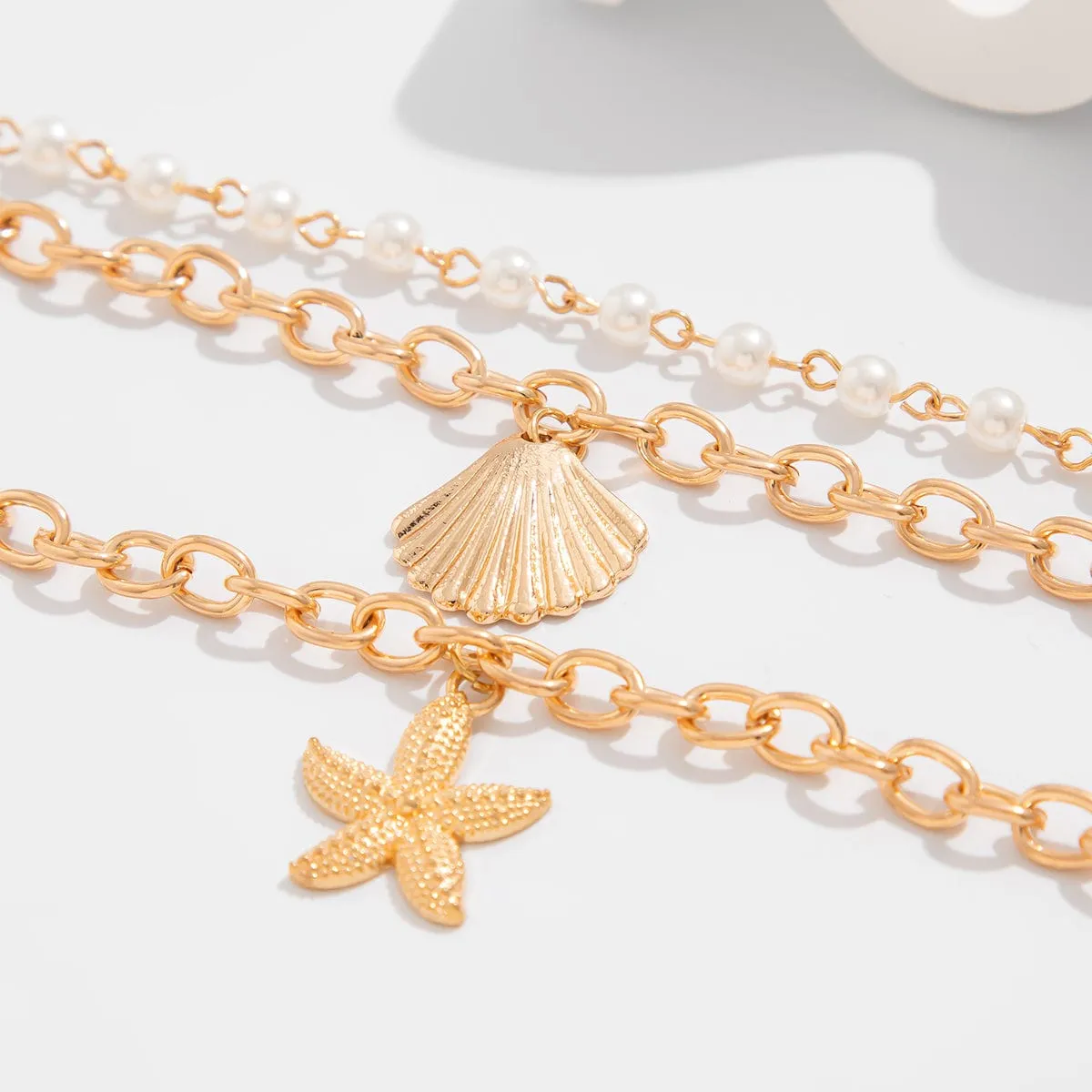 3 Pcs Boho Starfish Shell Charm Pearl Chain Bracelet Set