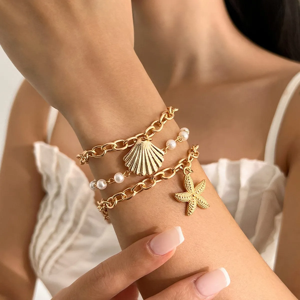 3 Pcs Boho Starfish Shell Charm Pearl Chain Bracelet Set