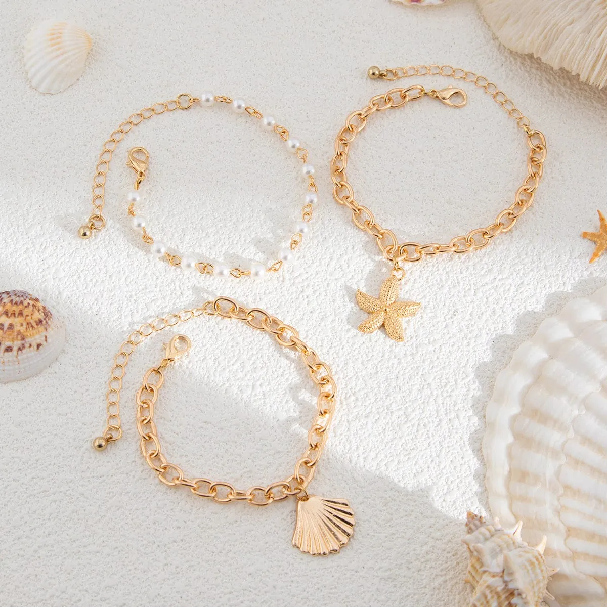 3 Pcs Boho Starfish Shell Charm Pearl Chain Bracelet Set