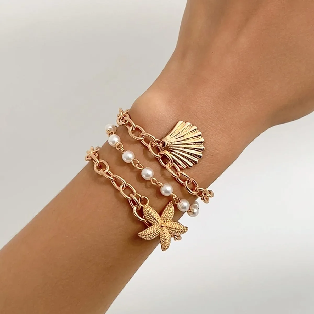 3 Pcs Boho Starfish Shell Charm Pearl Chain Bracelet Set