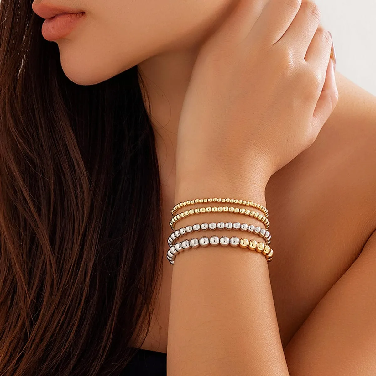 4 Pcs Two Tone Ball Chain Stackable Bracelet Set