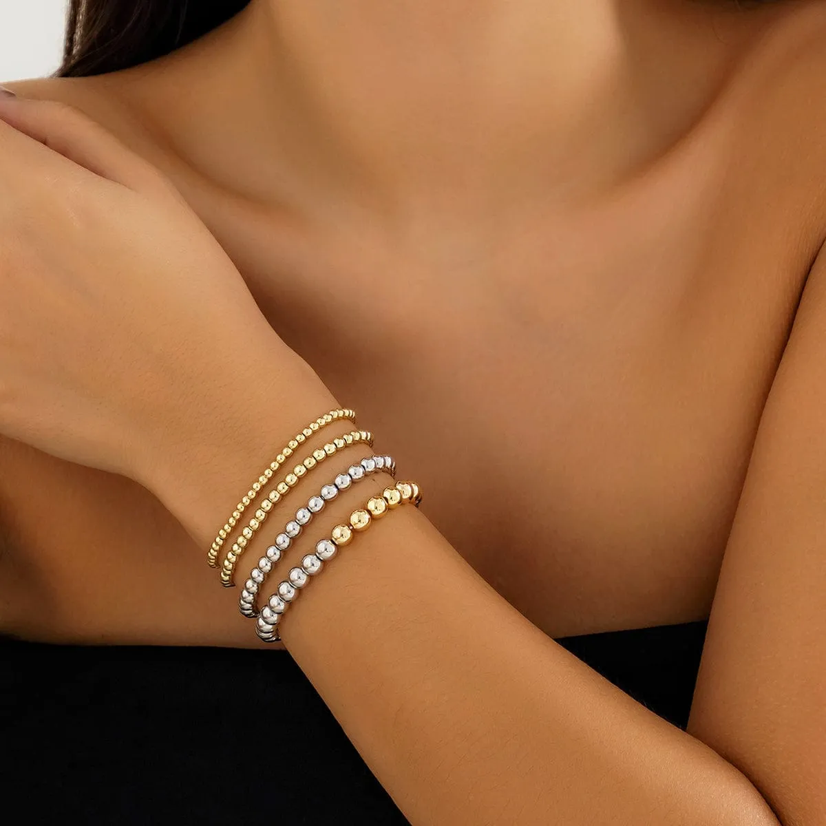 4 Pcs Two Tone Ball Chain Stackable Bracelet Set