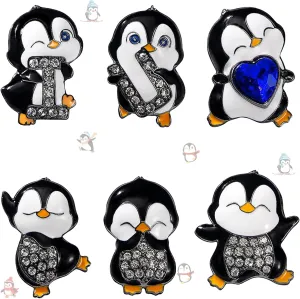 6Pcs Cute Diamond Penguin Enamel Pin, Funny Zircon Lapel Pin, Cartoon Letter Alloy Backpack Pin Suitable for Decoration of Clothes, Bags, Hats, Gift Giving and Party