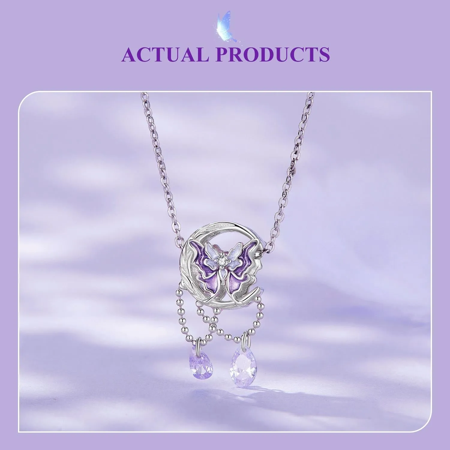 925 Sterling Silver Moon Butterfly Pendant Necklace