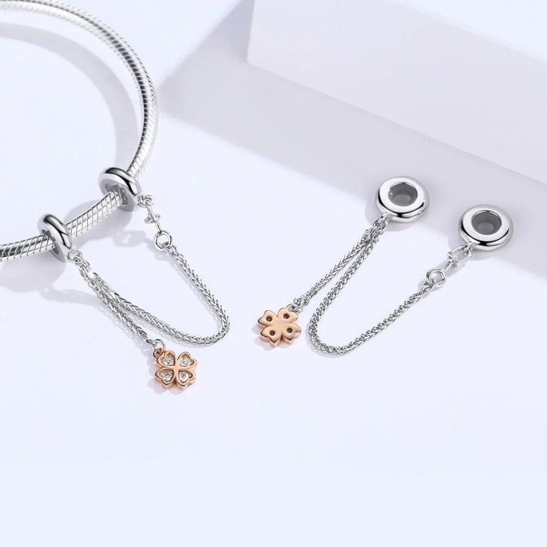 925 Sterling Silver Platinum Plated Clover Safety Chain For Diy Bracelets