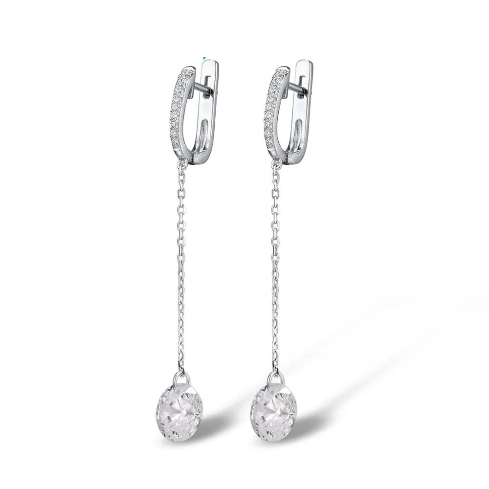 925 Sterling Silver Shiny White Cubic Zirconia Long Drop Earrings