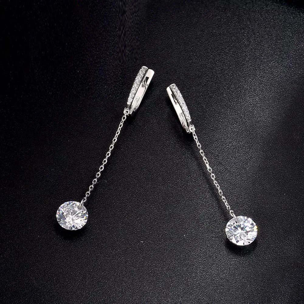 925 Sterling Silver Shiny White Cubic Zirconia Long Drop Earrings