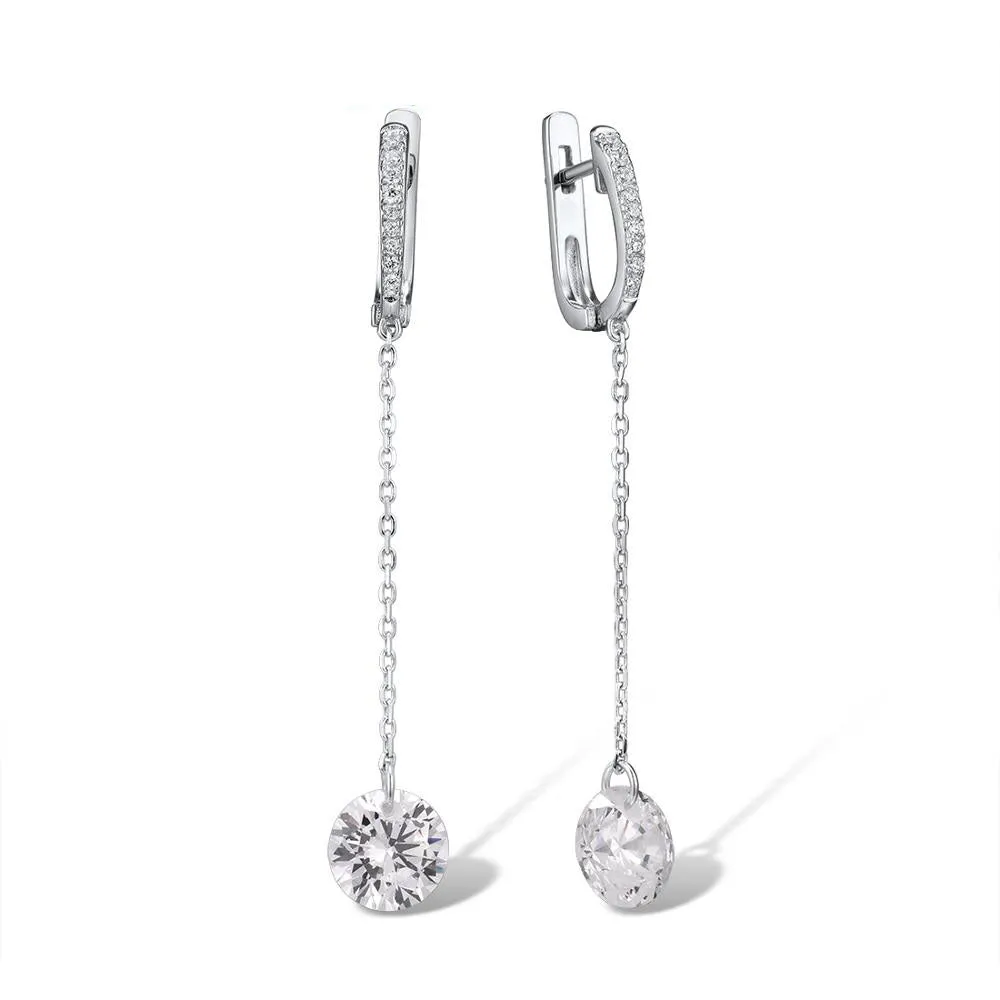 925 Sterling Silver Shiny White Cubic Zirconia Long Drop Earrings
