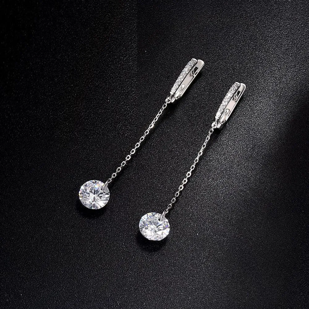 925 Sterling Silver Shiny White Cubic Zirconia Long Drop Earrings