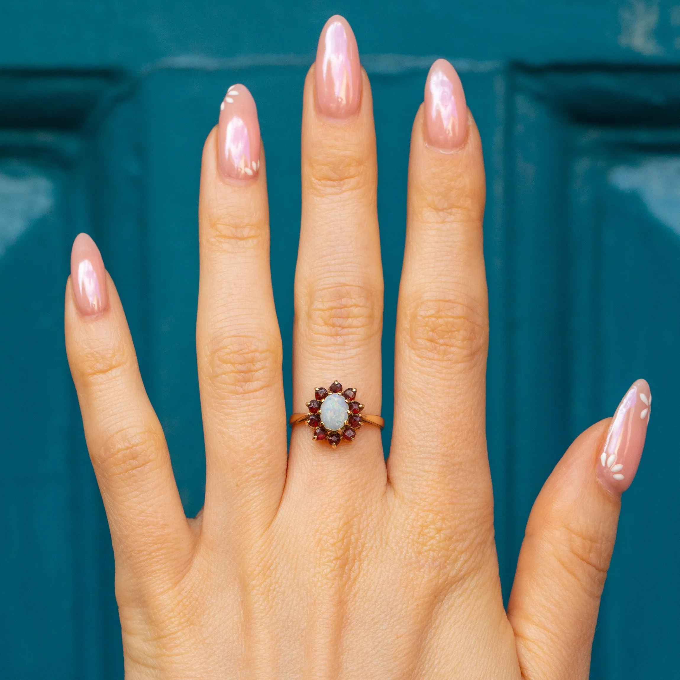 9ct Gold Opal & Garnet Flower Cluster Ring, 0.30ct Opal