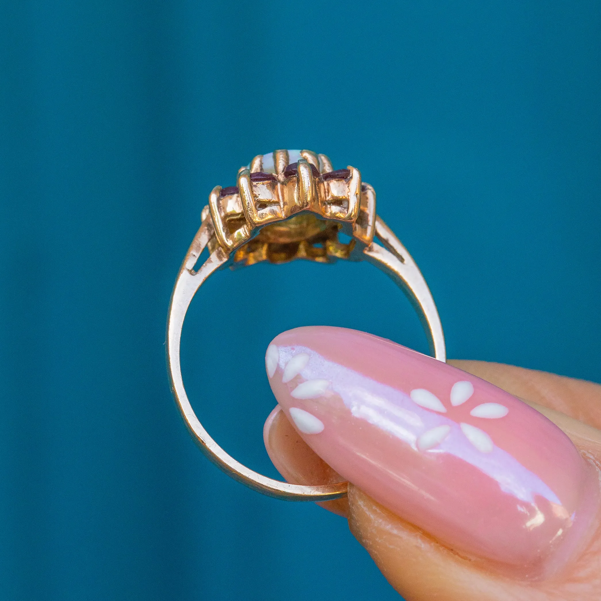 9ct Gold Opal & Garnet Flower Cluster Ring, 0.30ct Opal