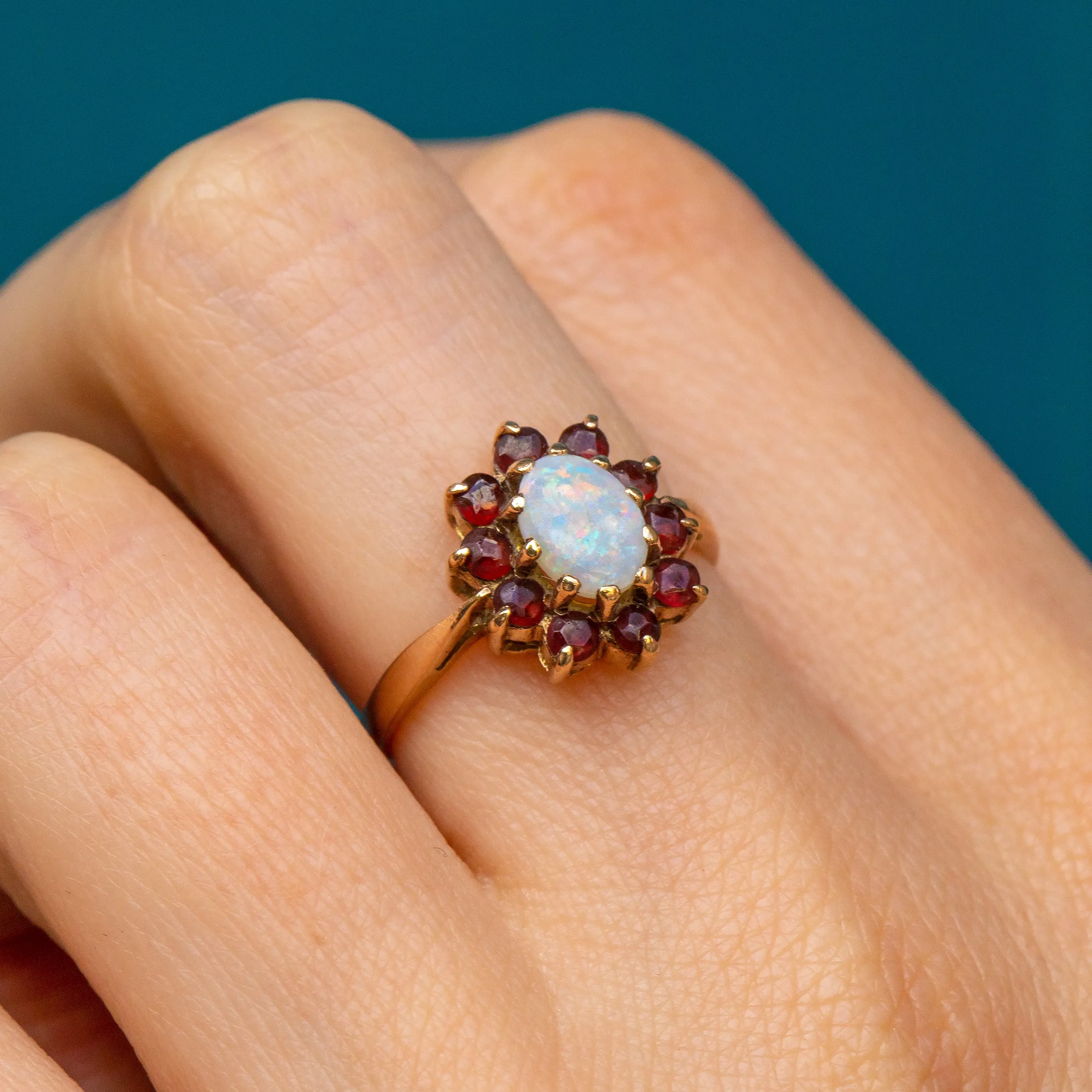 9ct Gold Opal & Garnet Flower Cluster Ring, 0.30ct Opal