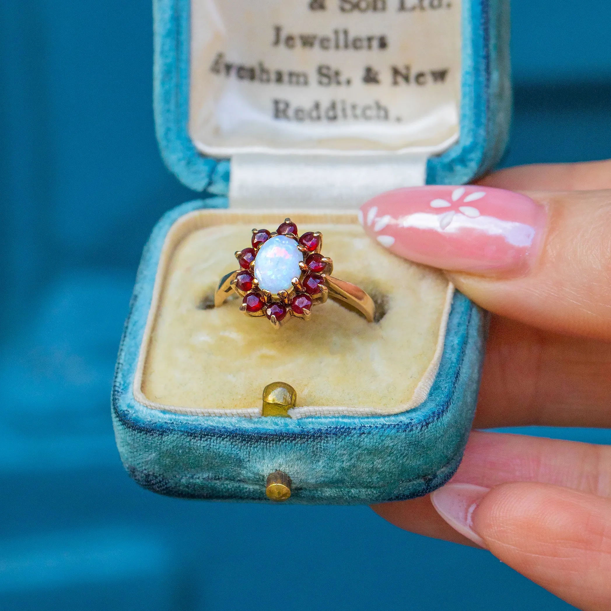 9ct Gold Opal & Garnet Flower Cluster Ring, 0.30ct Opal