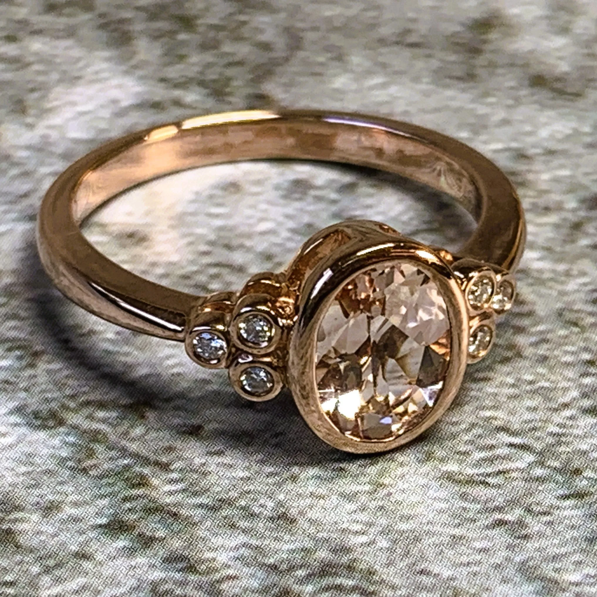 9kt Rose Gold Morganite and Diamond bezel set ring