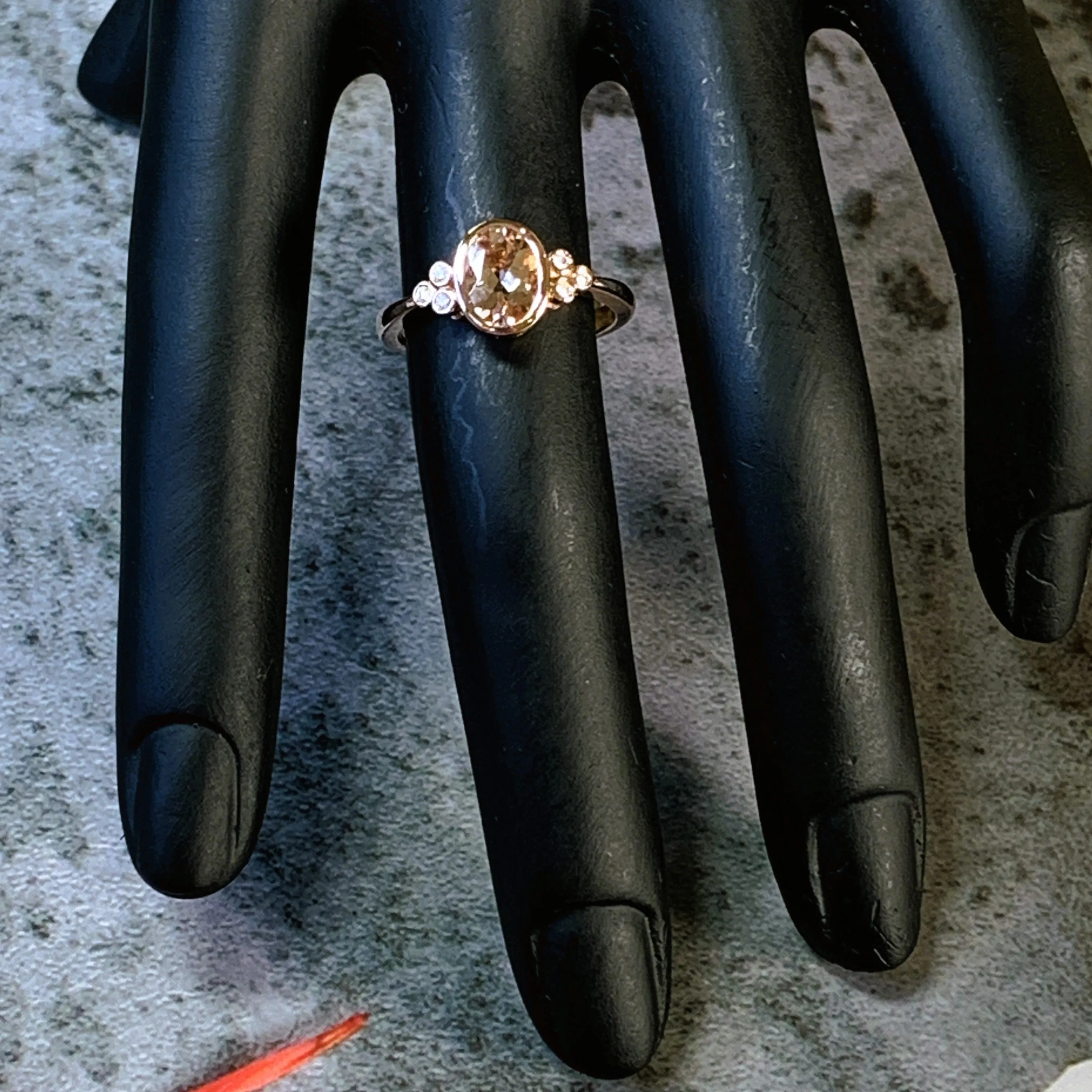 9kt Rose Gold Morganite and Diamond bezel set ring