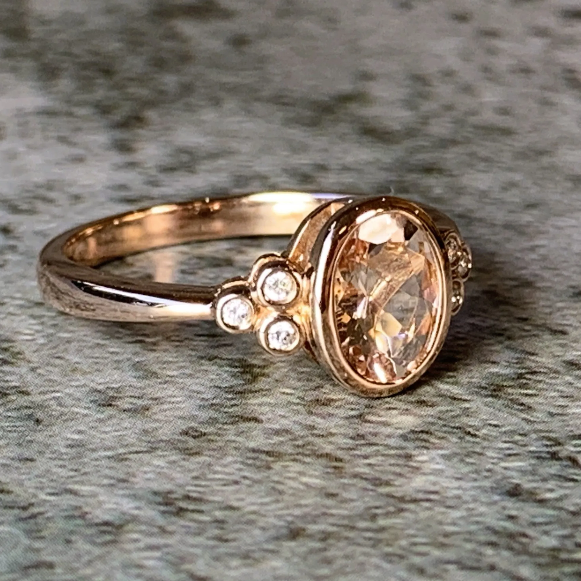 9kt Rose Gold Morganite and Diamond bezel set ring