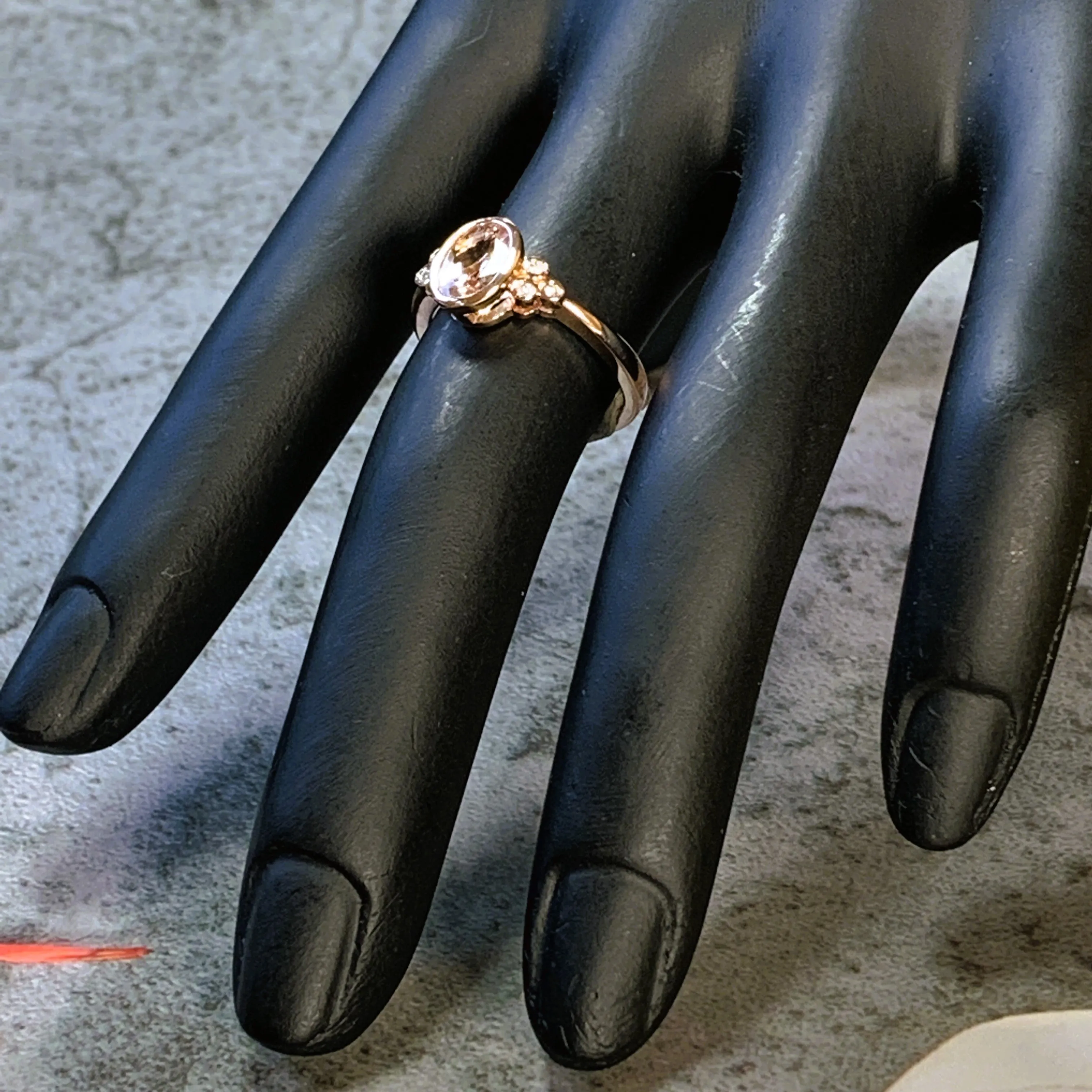9kt Rose Gold Morganite and Diamond bezel set ring