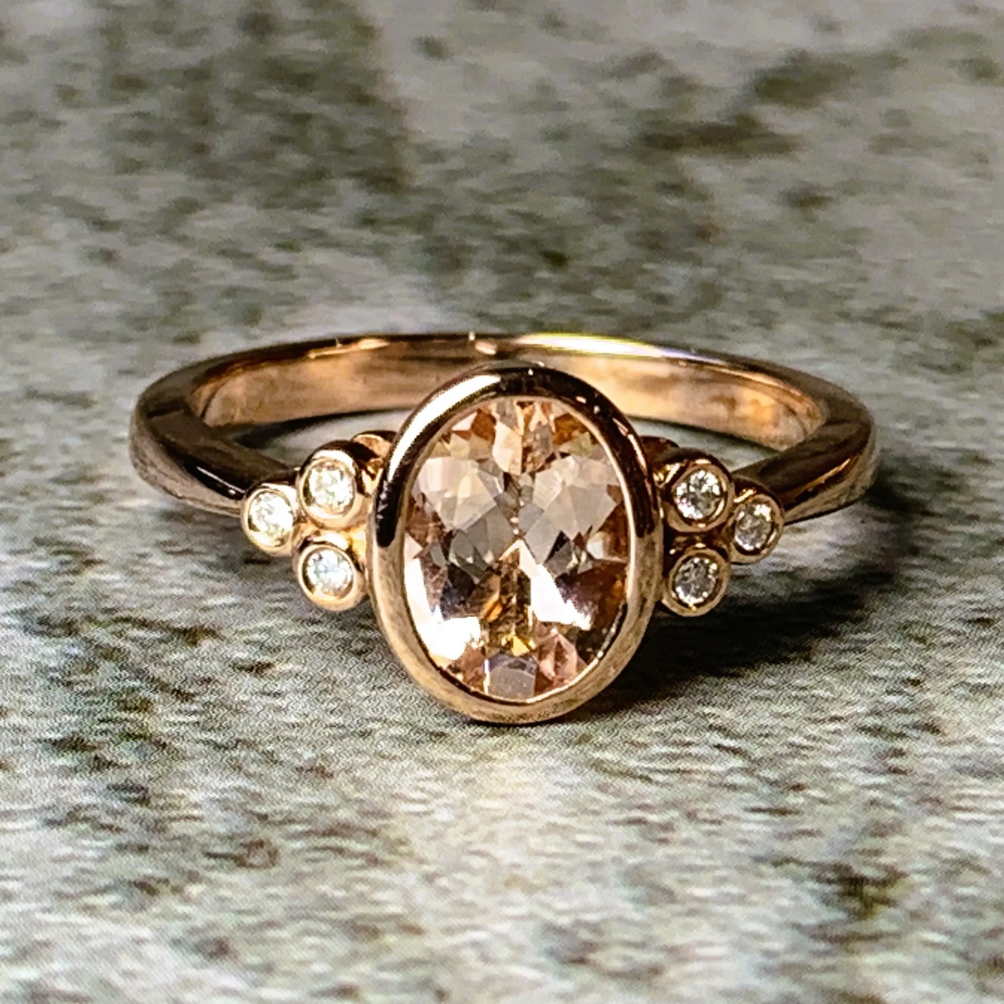 9kt Rose Gold Morganite and Diamond bezel set ring