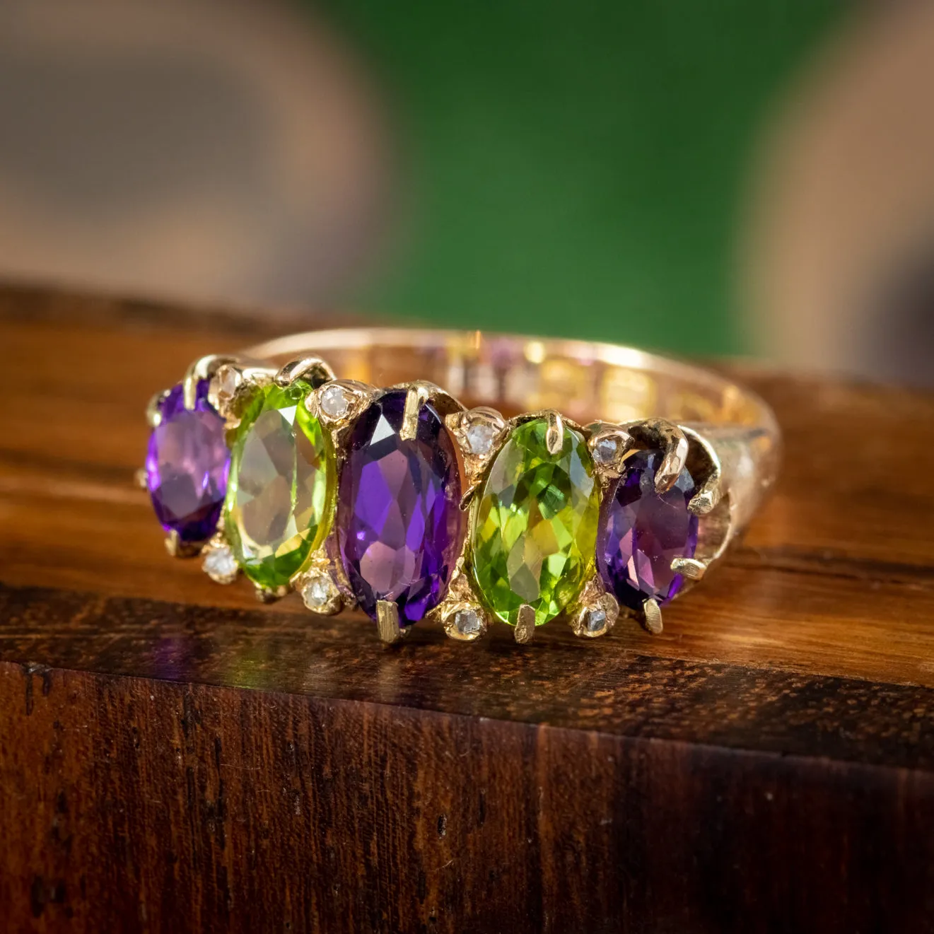 Antique Amethyst Diamond Peridot Suffragette Ring 18Ct Gold Circa 1910