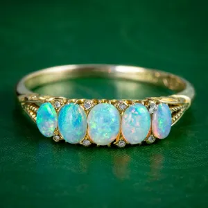 Antique Victorian Opal Diamond Five Stone Ring 1.1ct Total