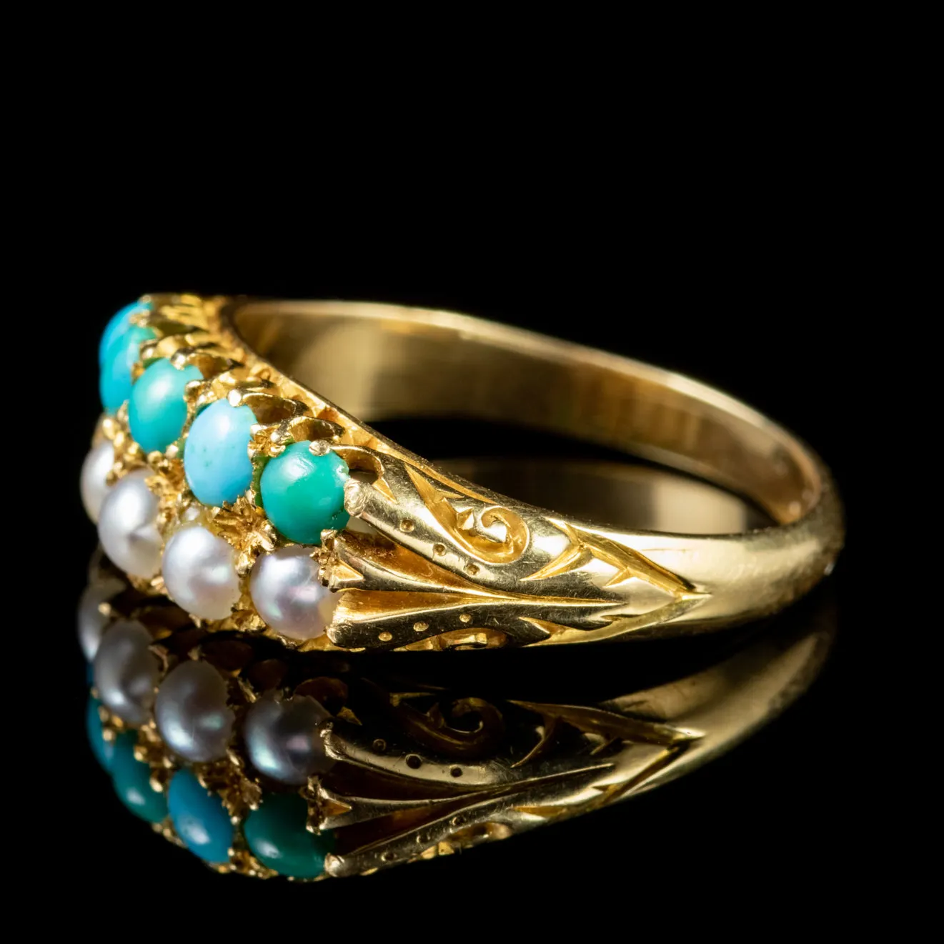 Antique Victorian Turquoise Pearl Ring 18Ct Gold Circa 1880