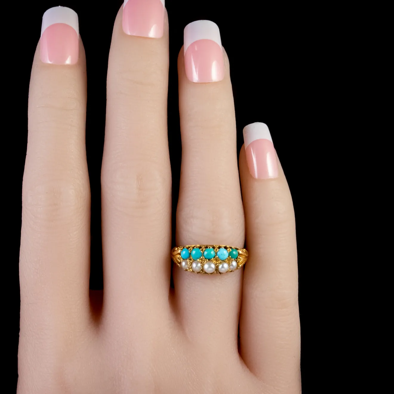 Antique Victorian Turquoise Pearl Ring 18Ct Gold Circa 1880