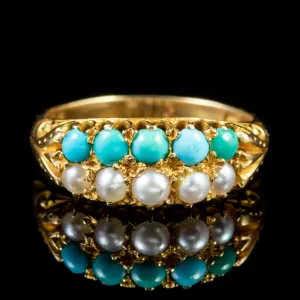 Antique Victorian Turquoise Pearl Ring 18Ct Gold Circa 1880