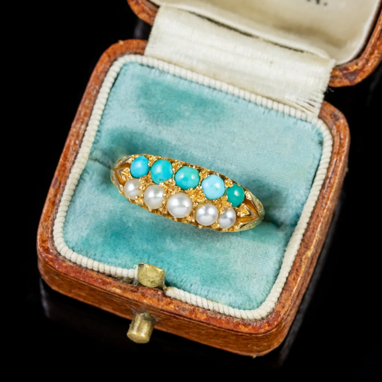 Antique Victorian Turquoise Pearl Ring 18Ct Gold Circa 1880