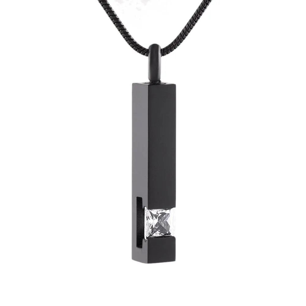 Black Plating Crystal Bar Cremation Jewelry for Ashes Pendant Stainless Steel Keepsake Memorial Urn Necklace for Women Men White
