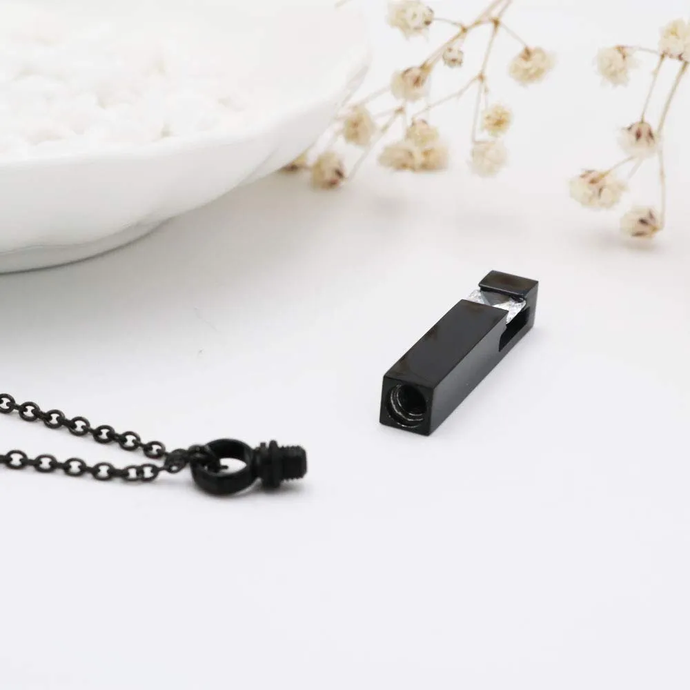 Black Plating Crystal Bar Cremation Jewelry for Ashes Pendant Stainless Steel Keepsake Memorial Urn Necklace for Women Men White
