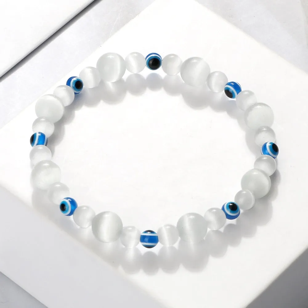 Blue Evil Eye Beaded Bracelets Natural Cat Eye Stone
